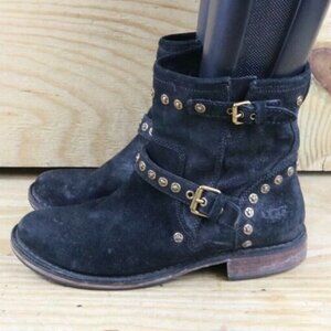 UGG Boots Womens 9 Black Suede Fabrizia Biker Studs Buckle Ankle Shoes